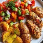 Garlic Herb Chicken Breast Recipe with Roasted Potatoes and Fresh Garden Salad