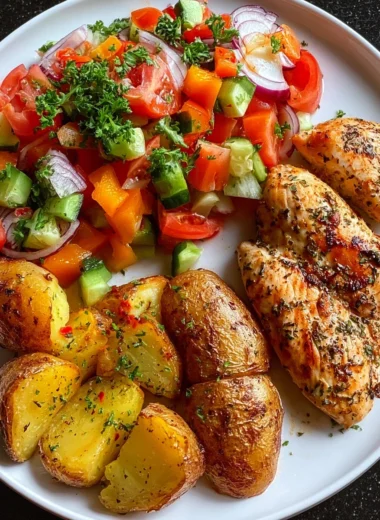 Garlic Herb Chicken Breast Recipe with Roasted Potatoes and Fresh Garden Salad