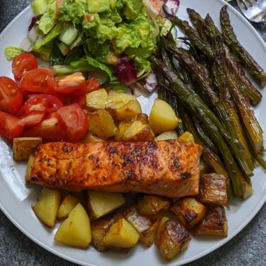 Garlic Herb Salmon Plate with Roasted Potatoes and Avocado Salad Recipe