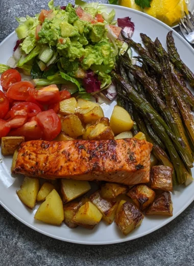 Garlic Herb Salmon Plate with Roasted Potatoes and Avocado Salad Recipe
