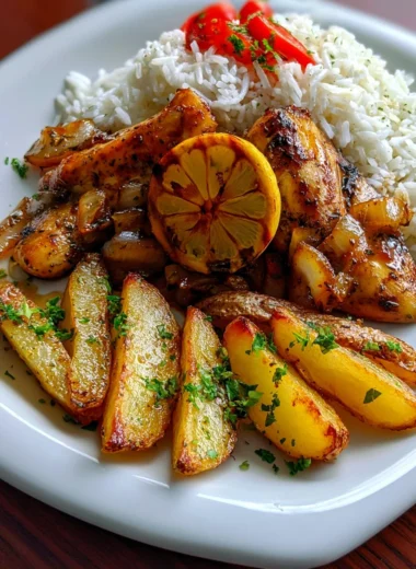 Ultimate Lemon-Garlic Chicken Recipe with Rice and Crispy Potato Wedges