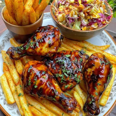 Ultimate Sticky BBQ Chicken Drumsticks Recipe with Paprika Fries and Creamy Coleslaw