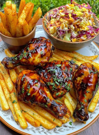 Ultimate Sticky BBQ Chicken Drumsticks Recipe with Paprika Fries and Creamy Coleslaw
